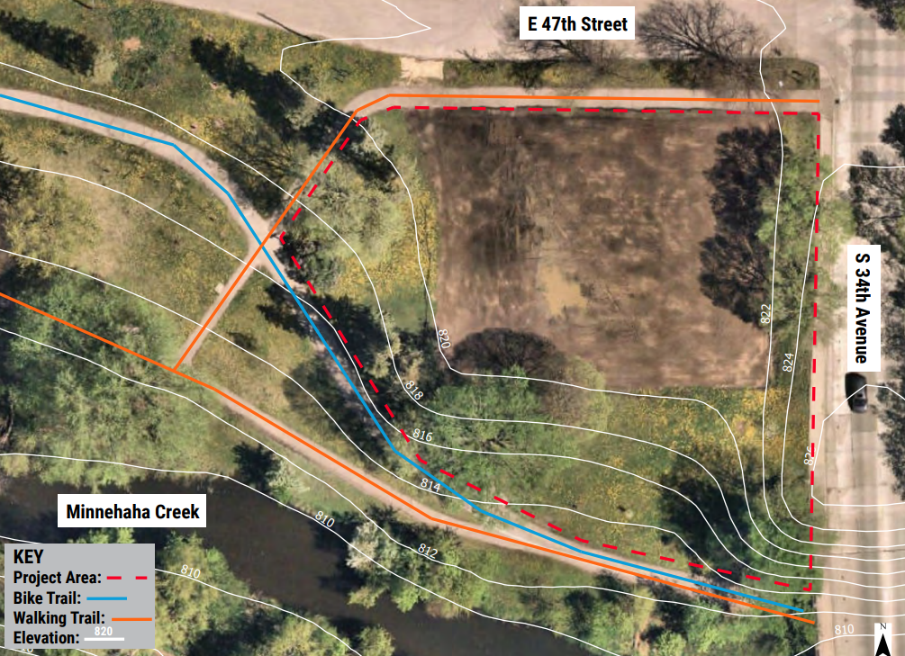 An overhead photo of parkland at 34th Avenue S and E 47th Street, showing Minnehaha Creek, elevation contours, trail and project boundary