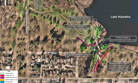 A map showing the location of a new pedestrian bridge over Minnehaha Creek near Lake Hiawatha