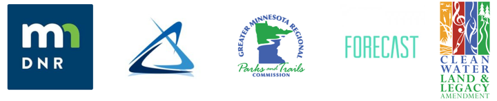 Logos for MN DNR, Met Council, Greater Minnesota Regional Parks & Trails commission, Forecast, and Clean Water Land & Legacy. 