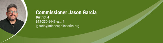 Commissioner Garcia header. Headshot on left, green swoop graphic with contact information toward center.