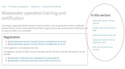 Screen shot of changes to wastewater training and certiciation webpage