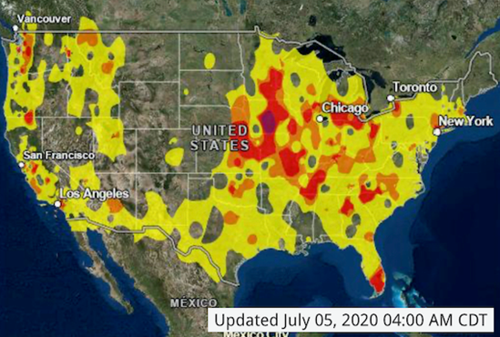 Map of the United States showing particle pollution on July 5, 2020