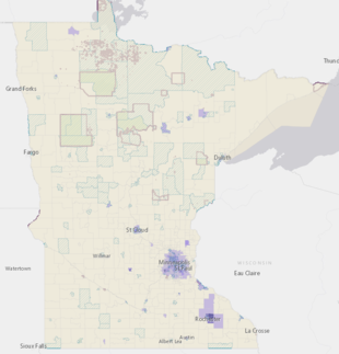 Map of Minnesota showing areas of concern for environmental justice and air quality scores