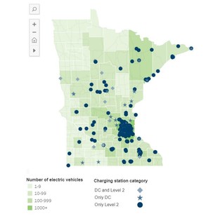 Map of Minnesota showing number of EVs and charging stations by county
