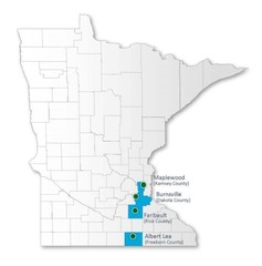 Map of Minnesota with participating communities highlighted in blue