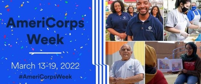AmeriCorps week banner with confetti in background and 5 members in AmeriCorps branded shirts, a member prepping food, and a member reading a book.