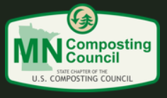 MN Composting Counctil logo with green font, MN state outline, adn recycle arrow and tree