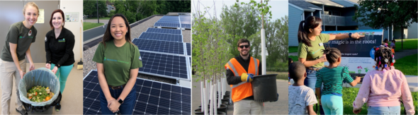 Members working at their host sites including food waste, solar panels, tree planting, and outdoor education.