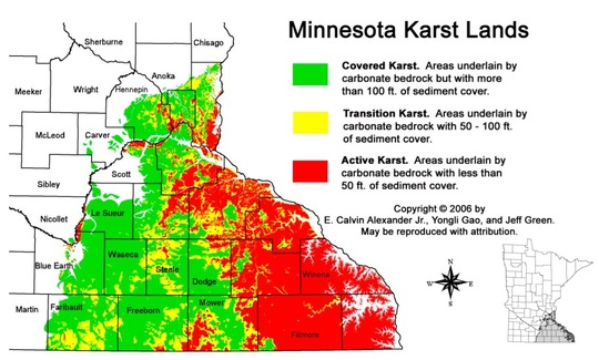 Map of karst areas in Minnesota