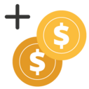 Two dollar sign coins with a plus sign