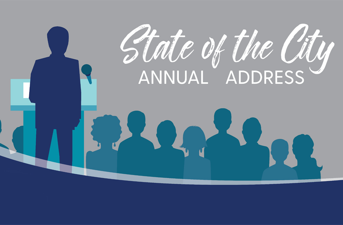 Illustration of a person speaking to a crowd with text that reads "State of the City Annual Address"
