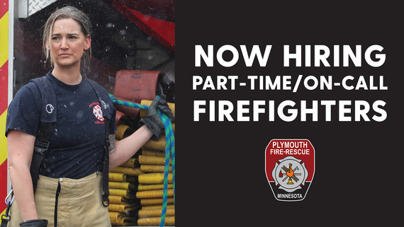 Image of female firefighter standing by the back of a fire truck with text that says "Now Hiring Part-Time/On-Call Firefighters"