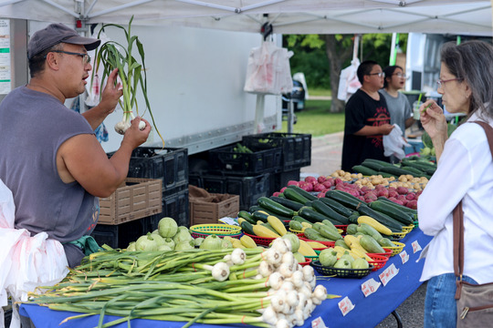 Man holding onions and talking to a woman standing on the other side of a table filled with vegetables