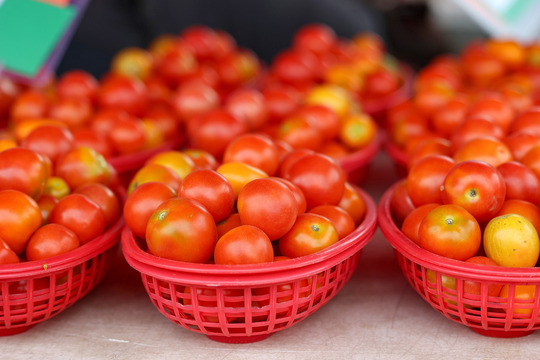 Photo of three red baskets of small red tomatoes