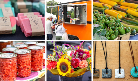 image of 6 farmers market vendors: soap, food truck, peppers & squash, canned goods, flowers, necklaces