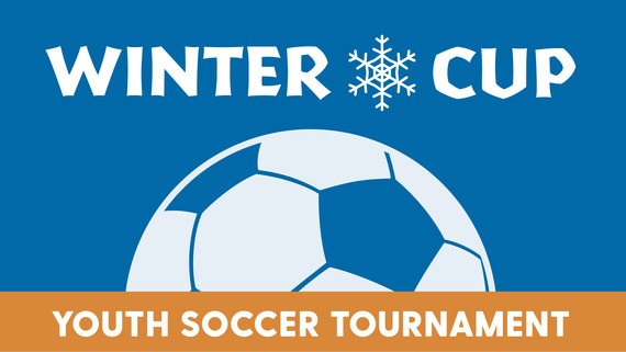 Graphic with a blue background and a white soccer ball. Text says Winter Cup Youth Soccer Tournament.