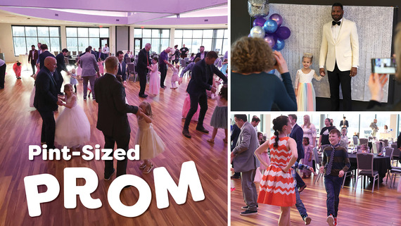 Collection of three photos with children dancing and text that says "Pint-Sized Prom"