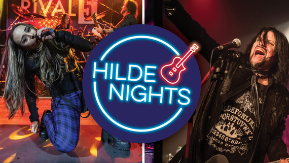 Split image of a woman singing on stage on the left and a man singing on the right with a circular logo in the middle that says "Hilde Nights"