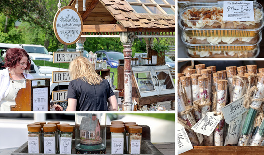 Collage of photos including mini cakes, bath salts in glass tubes, jars of spices.