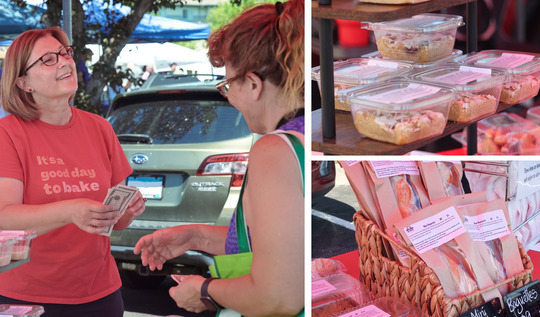 Image collage with three photos: one of baked goods in plastic containers, one of bread in paper bags, and one of a woman conversing with a customer.