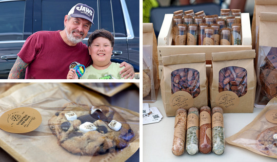 Three photos: one with an image of a man standing next to his son, one of a chocolate chip cookie, and one of nuts and spices displayed on a table.
