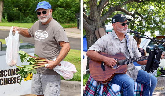 Two photos: one of a man holding up shopping bags and one of the same man sitting with a guitar in front of a microphone.
