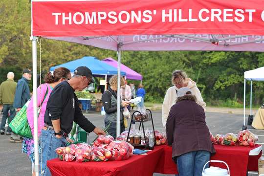 Photo of bags of apples sitting on tables with red coverings and people standing looking at the apples.