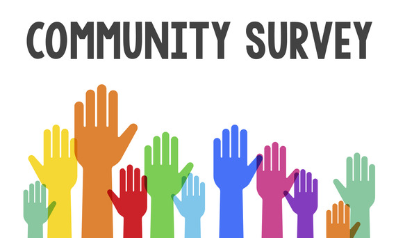 Graphic with many colorful raised hands that reads "Community Survey"