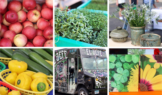 Photo of a variety of farmers market goods, including apples, pottery, photography, squash, micro greens and a food truck.