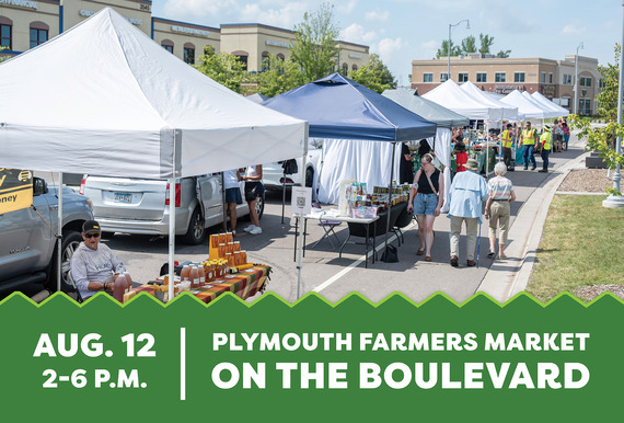 Photo of an outdoor farmers market with text that says Plymouth Farmers Market on the Boulevard, Aug. 12, 2-6 p.m.