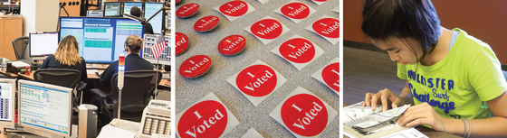 Three photos: Emergency Communications Center, I voted stickers, girl reading book