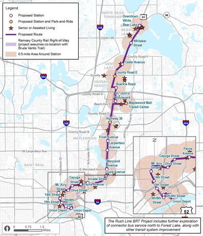 Map of senior living communities along the Rush Line BRT route.