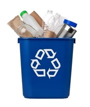 A blue recycling bin filled with recyclables