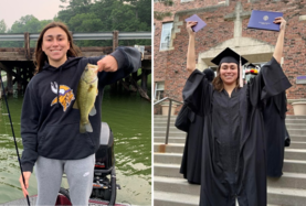 On the left, Kaylee fishing. On the right, Kaylee in graduation gown.