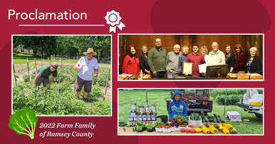 Farm family of the year proclamation image with pictures from the farm and board chambers