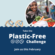 Plastic Free Challenge logo with person smiling with paper bag of groceries