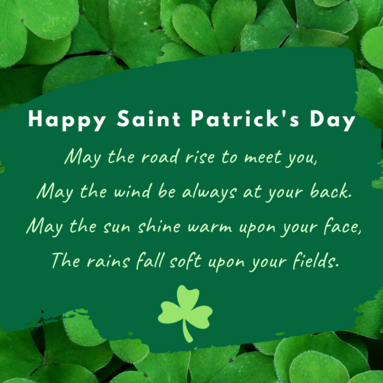 St Patricks Day and Irish blessing written over shamrocks background