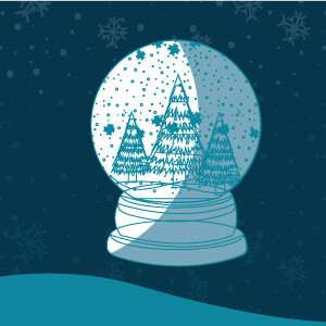 A snow globe illustration with snowflakes and christmas trees.