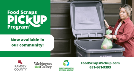 Photo of woman putting a food scrap bag in her trash can with text, "Now available in our community"