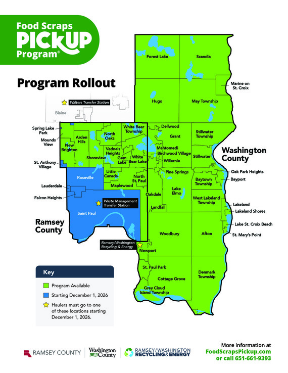 Map of Ramsey and Washington counties showing current Food Scraps Pickup Program eligibility in green and December 2026 expansion in blue.