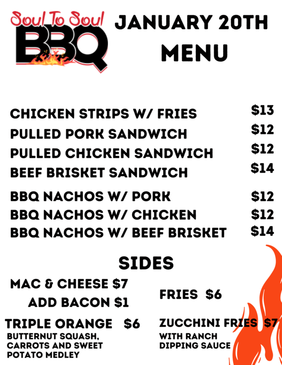 Soul to Soul BBQ January 20th menu