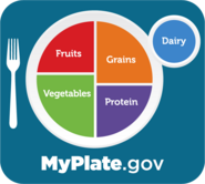 the MyPlate.gov logo which includes fruits, vegetables, grains, protein, and dairy food groups