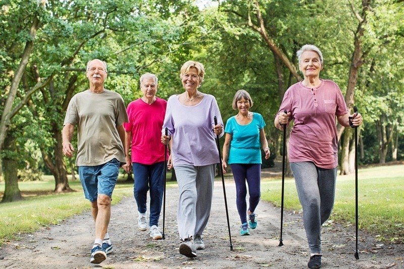 Senior citizens walking together in a park