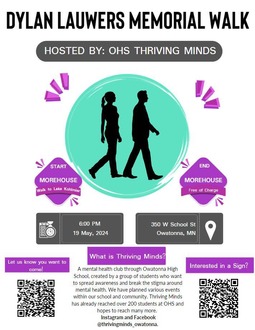 promotional poster for Dylan Lauwers Memorial Walk hosted by OHS Thriving Minds