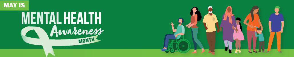 Mental Health Awareness Month banner with diverse people, green background, and light green ribbon