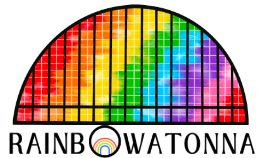 stained glass window with all colors of the rainbow with the word "Rainbowatonna" below it