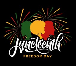 Juneteenth Freedom Day with green, yellow, and red silhouettes and fireworks
