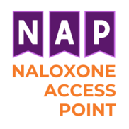 white letters "NAP" with purple ribbon above the words "Naloxone Access Point" in orange