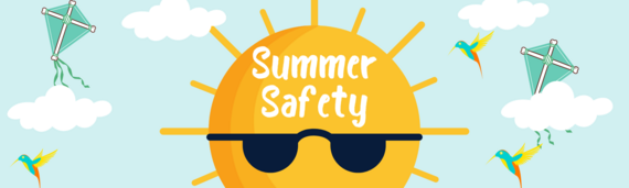 sun with sunglasses in a bright blue sky with kites and birds and the words "Summer Safety"