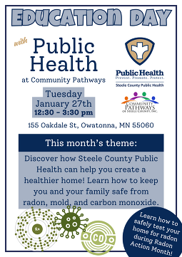 Education Day with Public Health at Community Pathways on Tuesday January 27th from 12:30 to 3:30. 